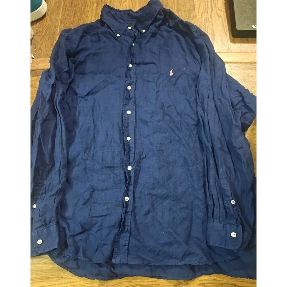 Ralph Lauren Linen Shirt Mens 2XB Blue Long Sleeve Button Down Big & Tall Pony